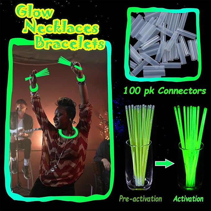 100 pk 8" Glow Sticks Bulk Party Favors, Light up Glow Necklaces & Bracelets in the Dark Party Supplies For Christmas Halloween St. Patrick Birthday Neon Party (100 * Green)