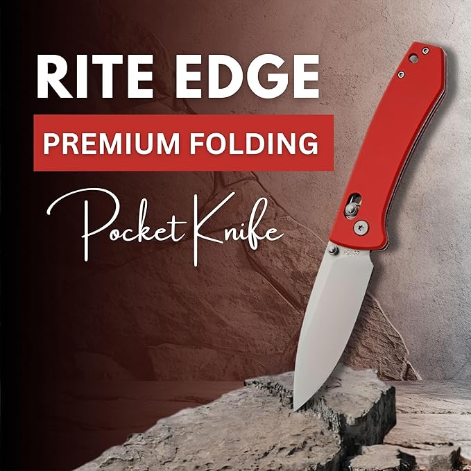 Rite Edge Premium Folding Pocket Knife 4.25" With Stainless Steel Blade, G10 Handle, Belt Clip - Camping Outdoor Utility Folder, Father's Day Gift - Red