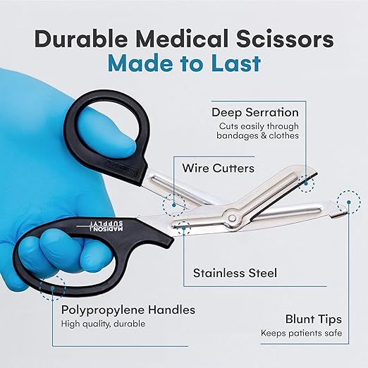 Madison Supply Trauma Shears Metal - 7.5 Inch Big Medical Scissors Stainless Steel with Fluoride Coating, Non-Stick Blades, and High-Impact Handles - 2 Pack Bandage Scissors (Black/Stainless)