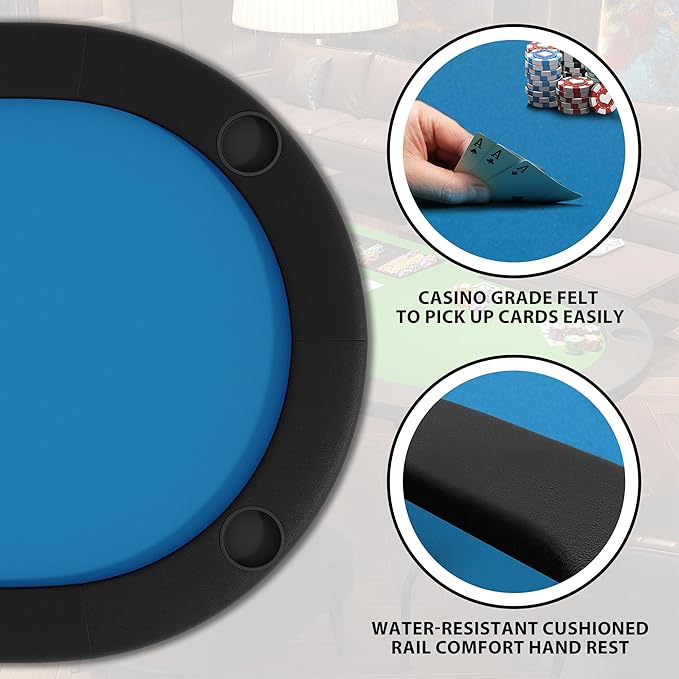 8 Player Foldable Poker Table, 71" Portable Folding Poker Game Tables with Collapsible Legs, Cup Holders, Casino Grade Felt Surface, Oval Card Game Poker Table for Game Room, Blue