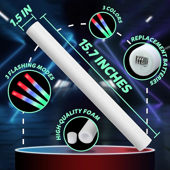 32 Packs 15.7 inch Foam Glow Sticks Bulk, 3 Color LED Light Foam Sticks, Glow In The Dark Party Supplies, 3 Modes Colorful Flashing for Christmas, Birthday