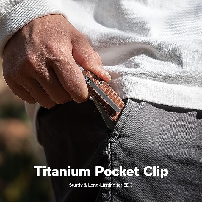 CIVIVI Clingman EDC Pocket Folding Knife with Titanium Reversible Clip, 2.99" Nitro-V Blade Micarta Handle Liner Lock Knife, Gift for Men Women C23065-3 (Brown)