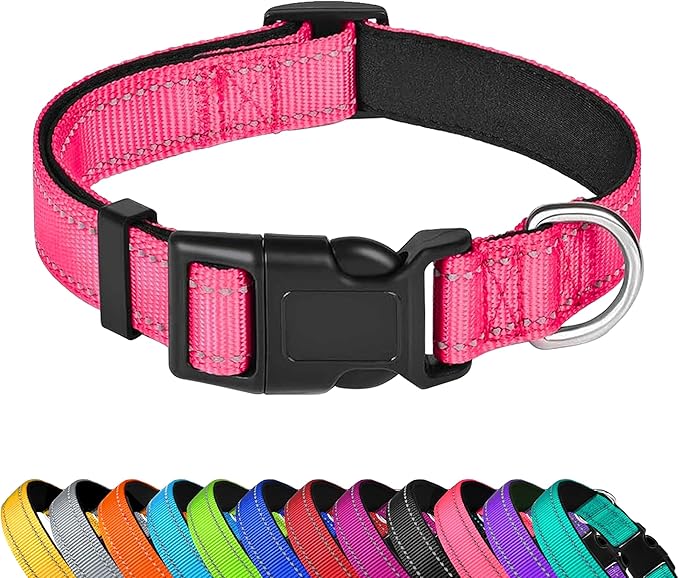 Reflective Dog Collar, Adjustable Soft Neoprene Padded Nylon Pet Collars with Buckle for Extra Large Dogs, Hotpink,XL