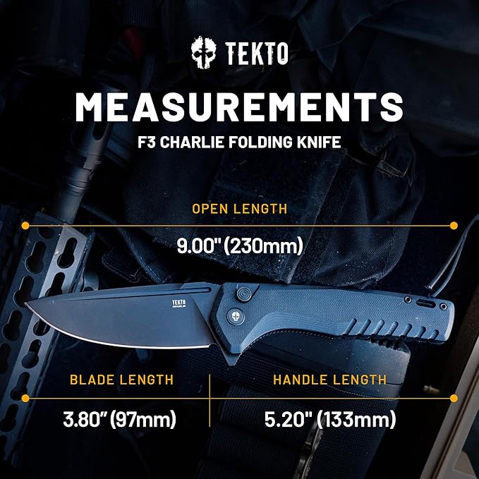 F3 Charlie Button Lock Folding Knife, Oversized Fine Edge Blade, Tactical Black G10 Handle - Easy Open Pocket Knife with Titanium Coated D2 Steel & Black Titanium Barrel Spacers