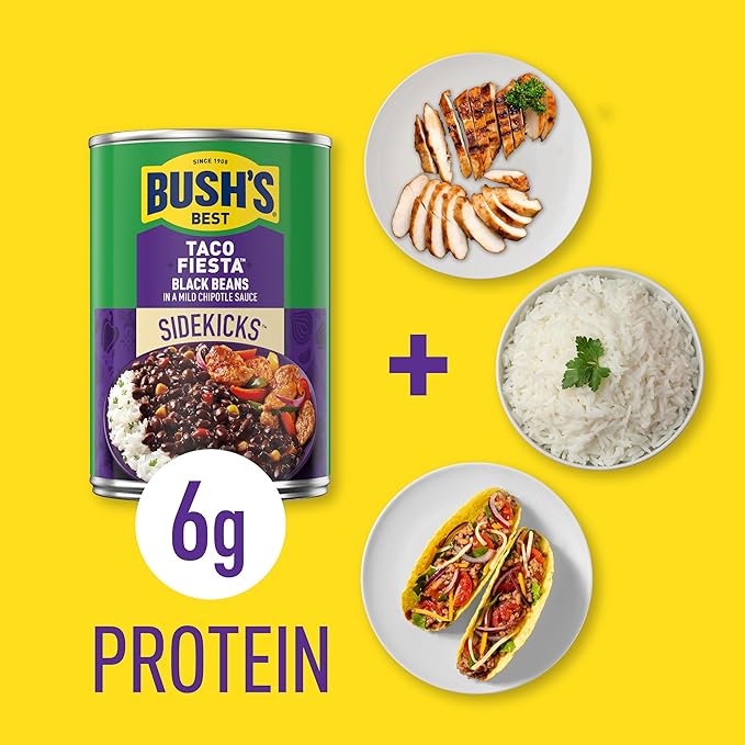 BUSH'S BEST 15.1 oz Canned Taco Fiesta Black Beans, Source of Protein and Fiber, Low Fat, Gluten Free, (Pack of 12)