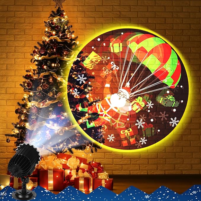 Christmas Projector Light with 1 Film Slides Holiday LED Santa Coming Projector Lights Outdoor Reflectors Waterproof Landscape Decorative Rotation Lighting Movement Projection Lamp for Outside