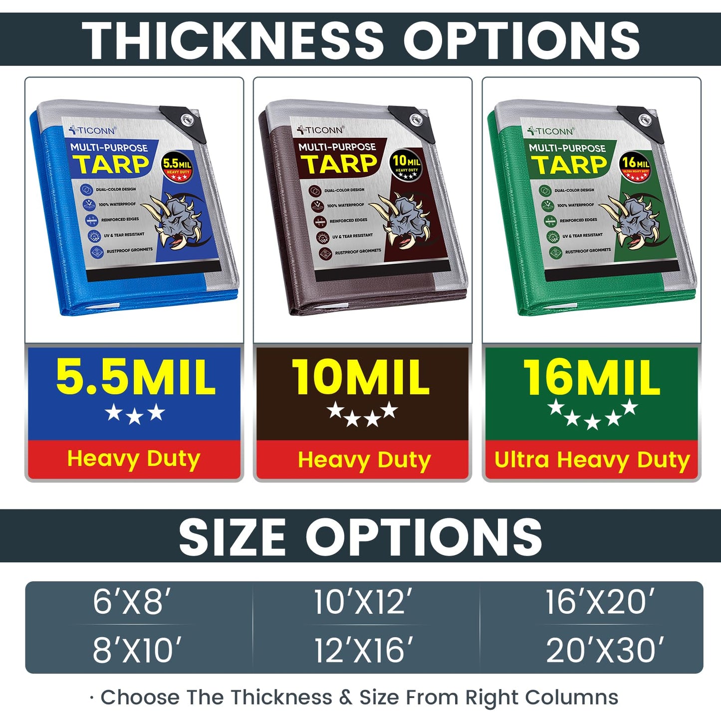 TICONN Heavy Duty Tarp Cover, Extra Thick Tarps Waterproof Tear and Rip Proof UV Resistant