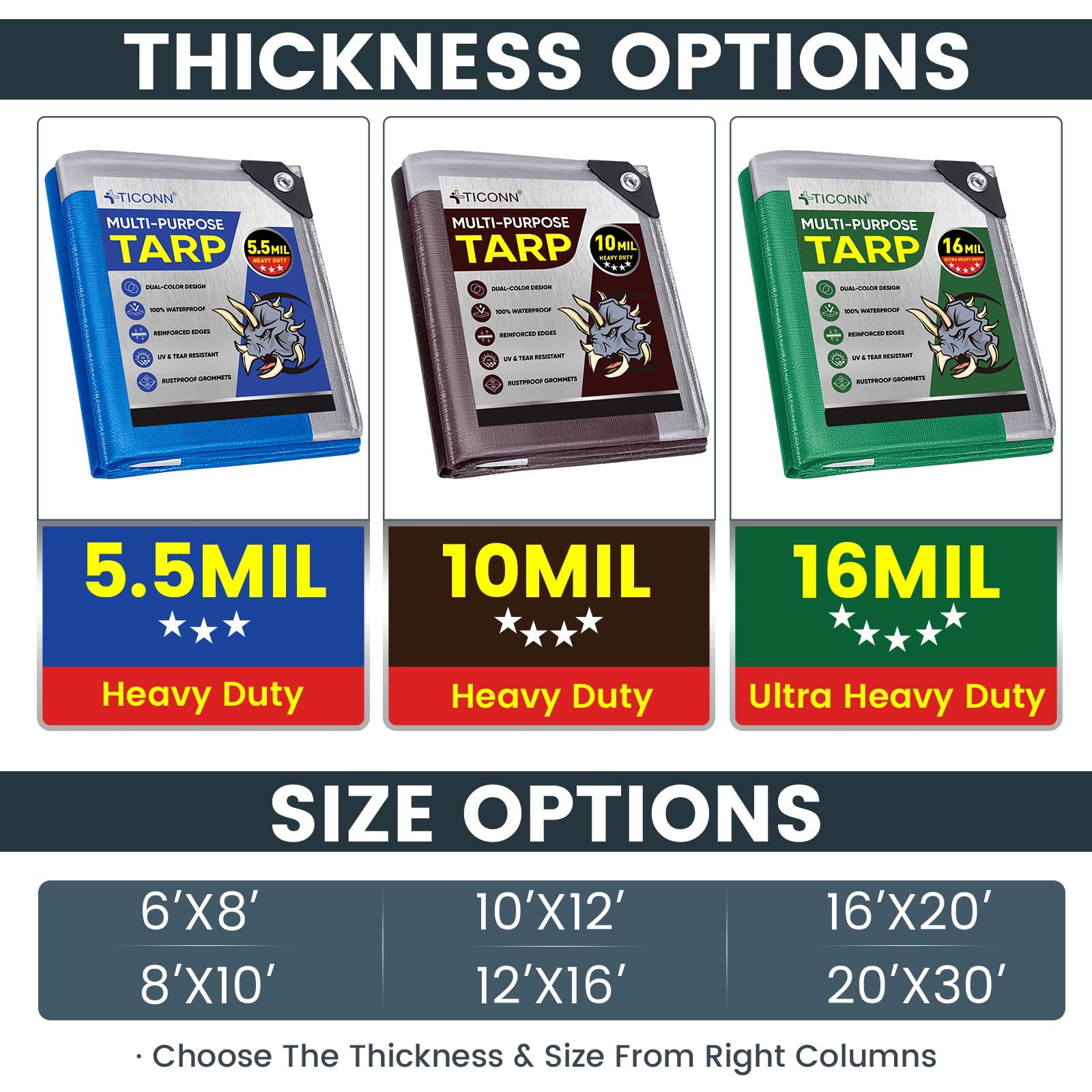 TICONN Heavy Duty Tarp Cover, Extra Thick Tarps Waterproof Tear and Rip Proof UV Resistant