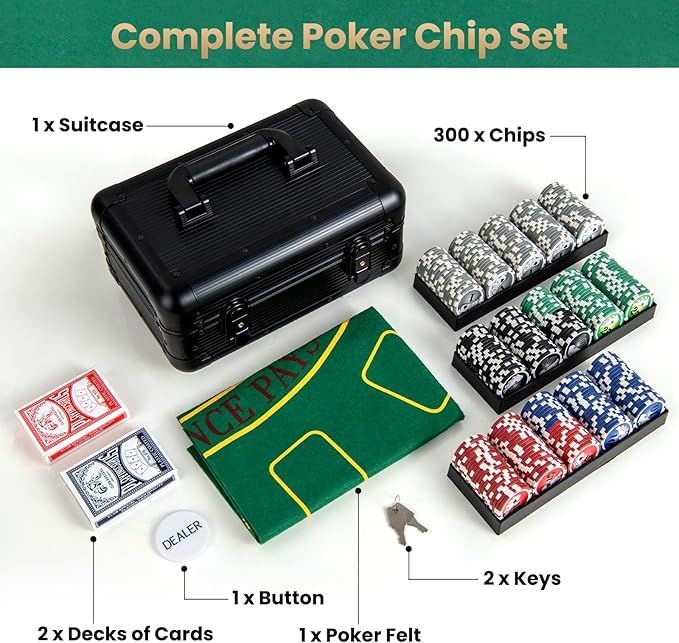 Goplus Poker Chip Set, 300 PCS Chips, 2 Decks Cards, Dealer Button, Poker Felt, Aluminum Case for Texas Holdem, Casino, Family Night, Blackjack