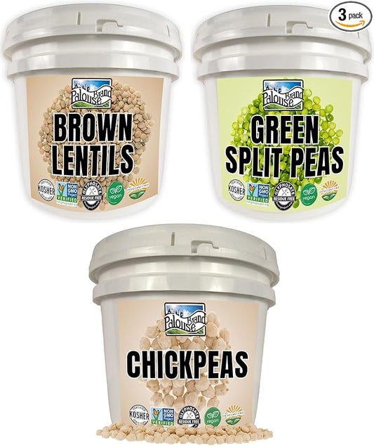 Palouse Brand Emergency Legume Bucket Supply | Certified Glyphosate Residue Free | 75 LBS | Chickpeas, Lentils and Green Split Peas [25 lbs each]