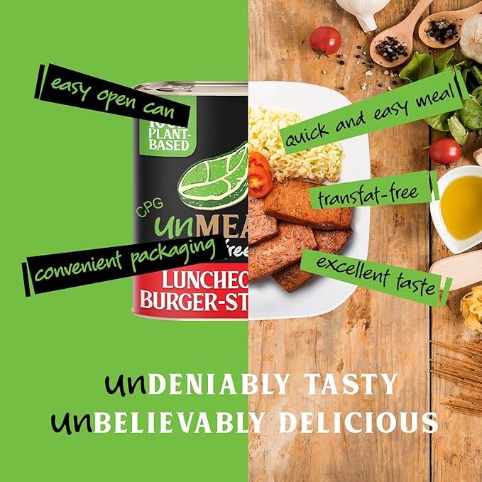 unMEAT Plant Based Meat | Easy to Prepare Plant Based Protein | Vegan Meat with Less Calories, Burger Style Luncheon Meat, (Pack of 12)