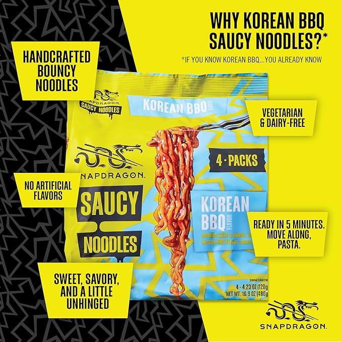 Snapdragon Saucy Instant Noodles with Korean BBQ Slurpable Sauce - Quick Meal, Snack, and Lunch. 12-Pack Microwave Noodles for Cup, Bowl, Ramen or Asian Stir Fry