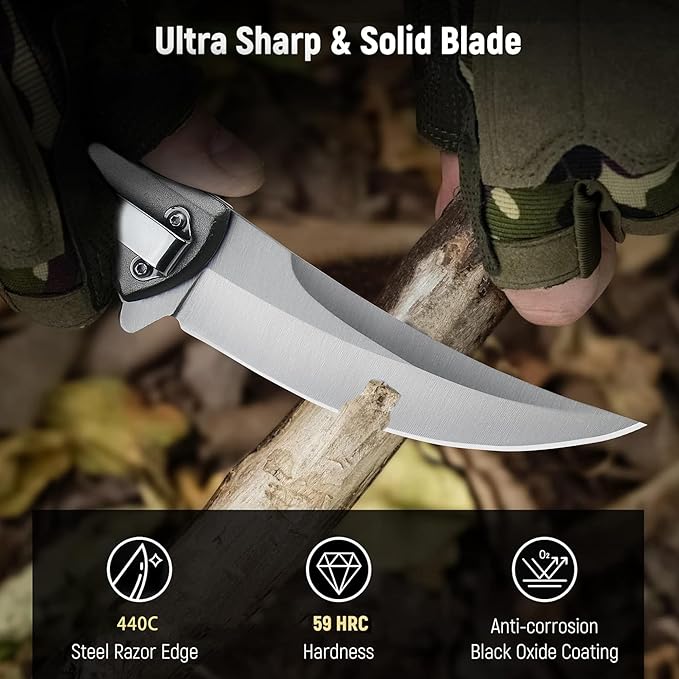 Folding Knife with upswept 440C High Carbon Stainless Steel Blade, Grey Aluminum Handle, with Deep Carry Pocket Clip, Outdoor EDC Knife for Camping, Hiking, Fishing