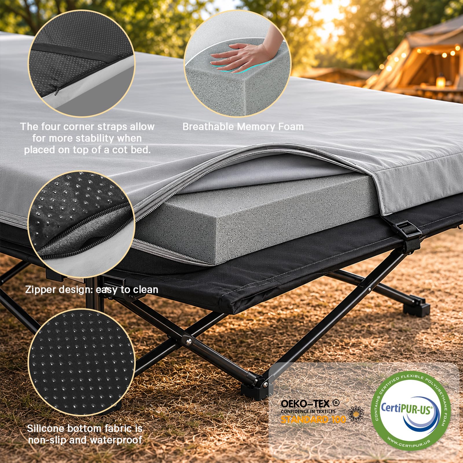 CYMULA Camping Cot Pad 2 Inch Memory Foam, Camping Pad for Folding Cot and Foldable Cot, Portable