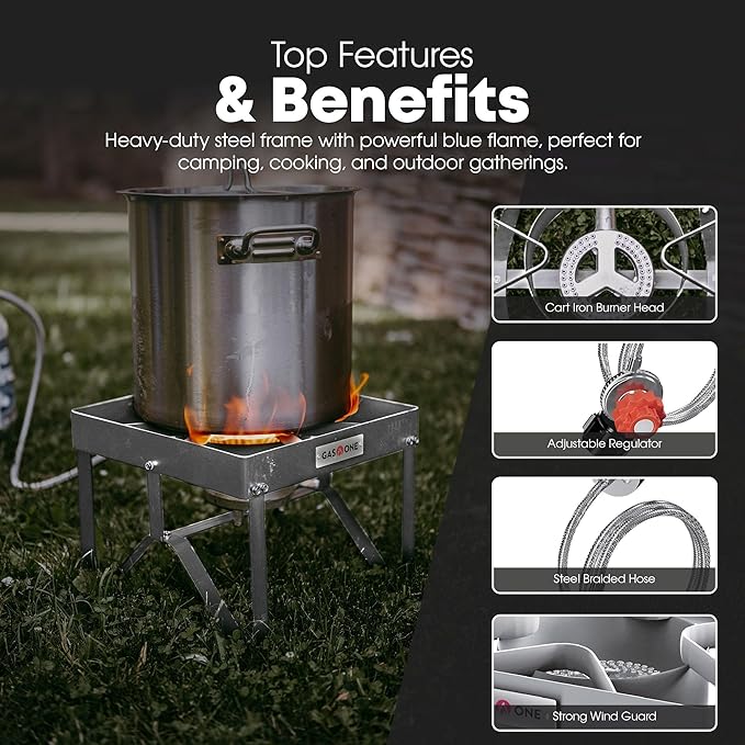 GasOne Stainless Steel Outdoor Propane Burner ??High Pressure Camp Stove with Adjustable Regulator & Steel-Braided Hose