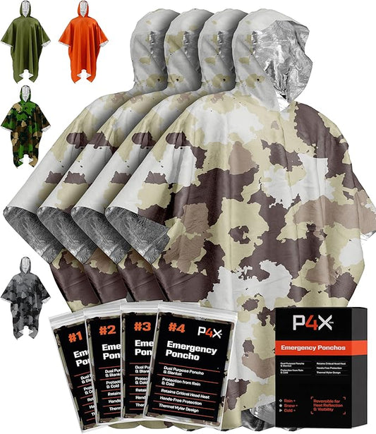 PREPARED4X Emergency Poncho and Mylar Blanket Liner - Waterproof, Wind-Resistant Outdoor Rain Poncho for Camping, Emergencies