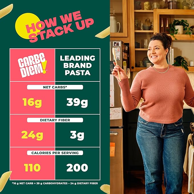 Carbe Diem!, Rotini, Lower Net Carb Pasta with Traditional Flavor & Texture, 8 grams of Protein, 55% Fewer Net Carbs & Only 110 Calories Per Serving, Pack of 3