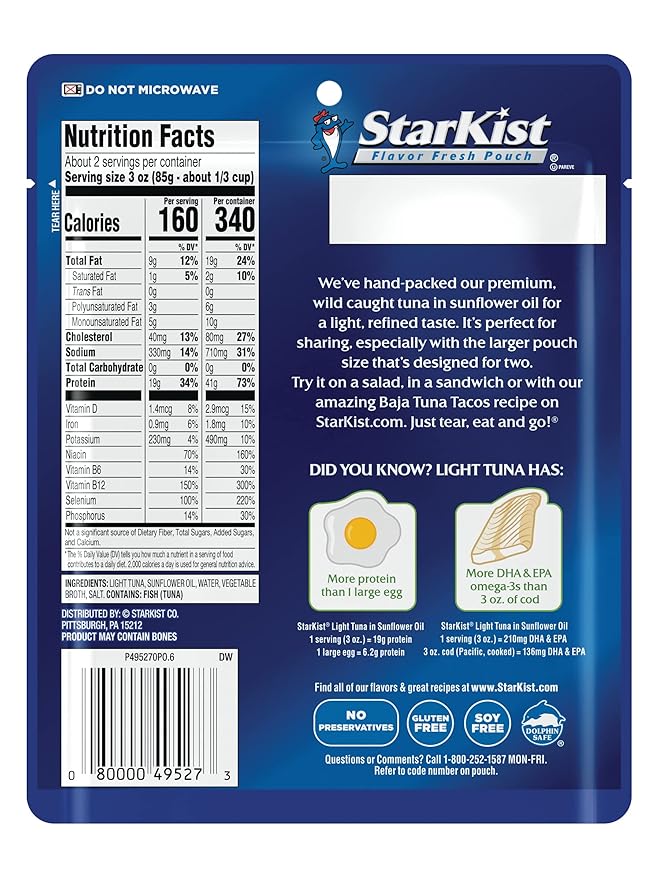 StarKist Chunk Light Tuna in Sunflower Oil, 6.4 oz Pouch (12 Pack) Ready to Eat Wild Caught Tuna, 19g Protein Per Serving, Gluten Free, Soy Free, Kosher, Perfect for Salads, Keto Meals and Snacks