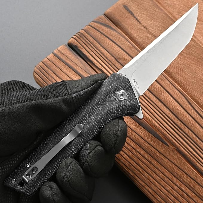 FF4 Folding Knife, AUS-10 Steel Blade Micarta Handle Knife for Outdoor Camping Hunting Fishing Survival(Black)