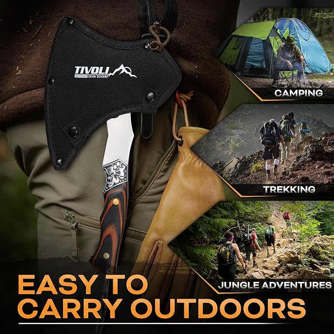 TIVOLI Camping Axe, Eagle - Patterned Survival Hatchet with Nylon Sheath, High Carbon Steel Blade Compact Outdoor Bushcraft Axe with Ergonomic Wood Grip, Camping Gear for Hiking, Chopping, Hunting