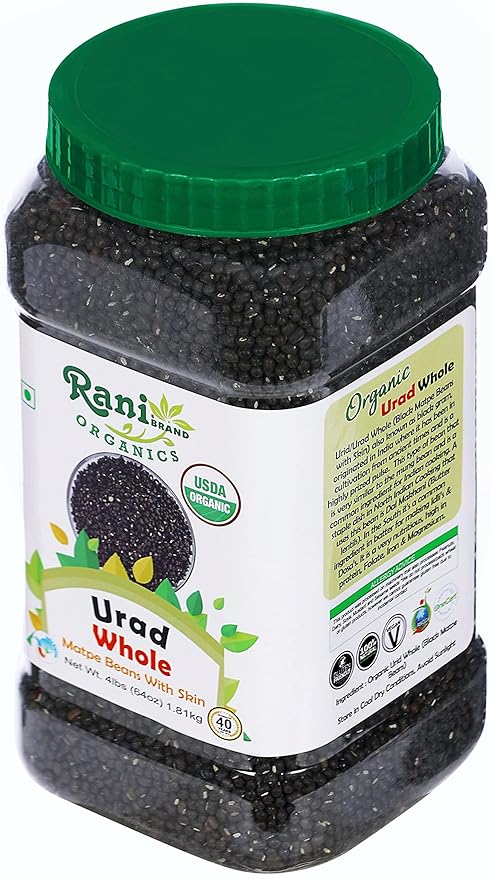 Rani Organic Urid/Urad Whole Black (Matpe Beans With Skin) Indian Lentils 64oz (4lbs) 1.81kg Bulk PET Jar ~ All Natural | Vegan | Gluten Friendly | NON-GMO | Indian Origin | USDA Certified Organic