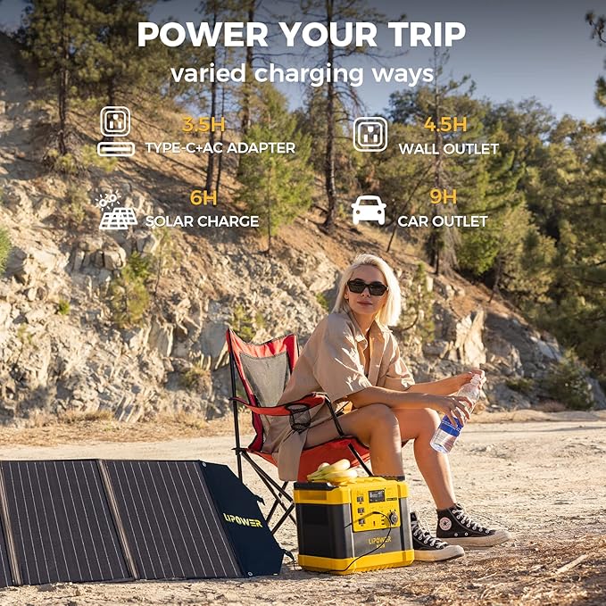 Lipower Solar Generator, 1120Wh Power Station 3 * 1000W AC Outlets(2000W peak), 60W USB-C Output, Generator for Camping, CPAP, Home Backup-Yellow