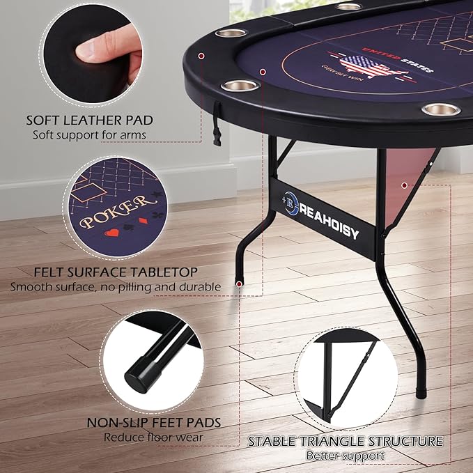 Poker Table Foldable, 8/10 Player Folding Poker Tables with Casino Grade Felt, Padded Rails & Cup Holders, Portable Poker Table for Texas Holdem (84 Inch-Black & Navy Blue)