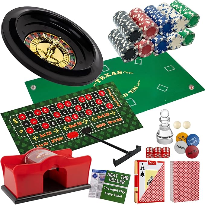 5 in 1 Casino Game Complete Set: 200 Pro Poker Chips+Silent Card Shuffler, Blackjack+Roulette Wheel+Craps+Texas Holdem+Poker Kit,Table Game Mat+Playing Card+Dice+Casino Accessory