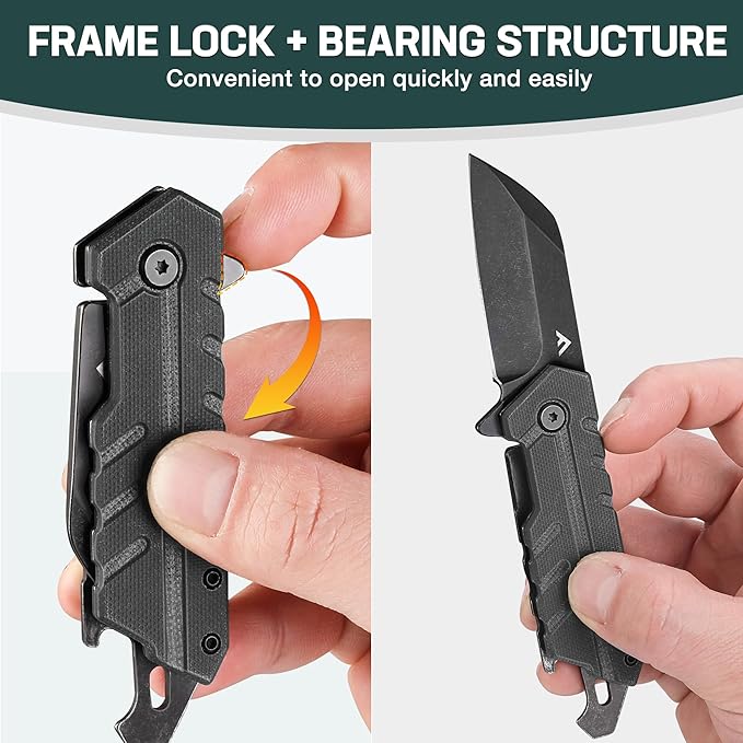 FLISSA 4.5" G10 handle folding knife, FLISSA Folding Knife, 4" Small Pocket Knife with Bottle Opener and Slotted Screwdriver, Dual Craftsman Handle, EDC Pocket Knife for Hunting, Survival, Camping and Outdoor Activities, Black