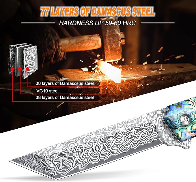 AUBEY Damascus Pocket Knife with Clip, Sharp Tanto Blade with VG10 Core Folding Knife with Abalone Shell Handle and Glass Breaker, EDC Camping Knife for Gift Survival Collection