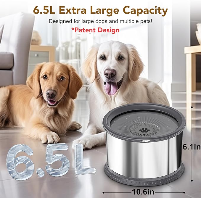 UPSKY Super Large Capacity No Spill Dog Bowl, 6.5L Stainless Steel Spill Proof Slow Water Feeder, Anti-Slip Mat for Messy Drinkers - Grey