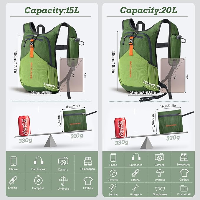 20L Small Hiking Backpack for Men Women Foldable Packable Back Pack Ultralight Hiking Daypack for Travel Camping Outdoor, Olive Green