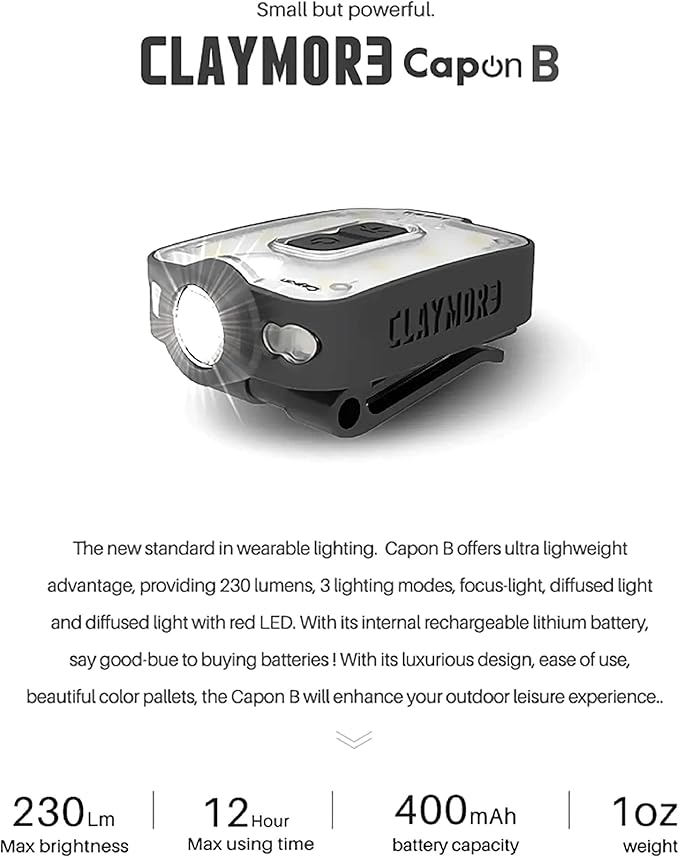 Claymore Capon 40B Black Clip-On Cap Light ??USB-C Rechargeable 230LM LED Headlamp | 3 Light Modes 180° Adjustable Beam IP54 Water Resistant Up to 12 Hrs Runtime for Camping, Running, Outdoor