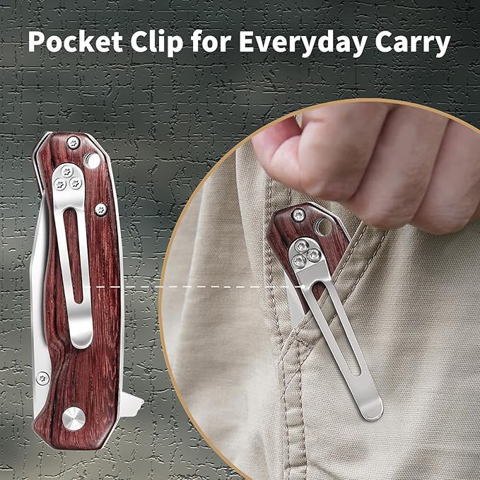 Vickay Pocket Knife for Men, Folding Knife for Women with Clip, 2.9inch 8Cr13MoV Steel Blade, Wood Handle EDC Knife for Camping, Tactical, Hunting, Camping, Hiking and Everyday Carry