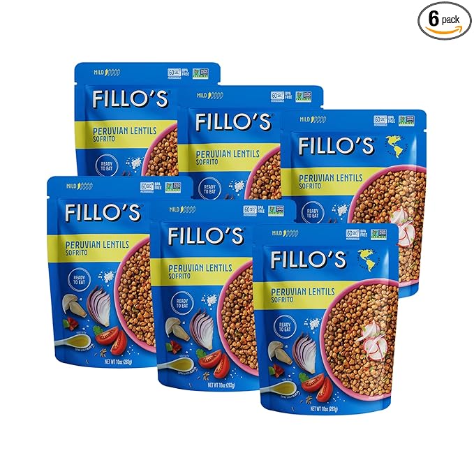 Fillo's Peruvian Lentils - Ready to Eat Lentils, Gluten-Free, Preservative-Free, Microwavable Meals, Non-GMO, Vegan, Plant Protein, 10 oz Pk of 6