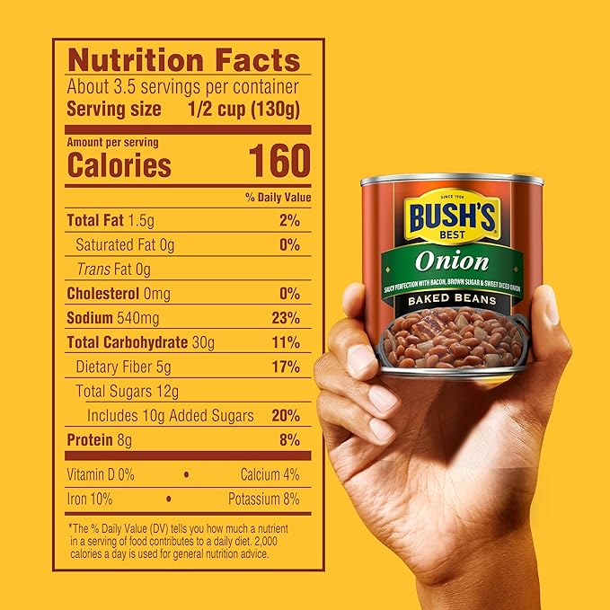 BUSH'S BEST 16 oz Canned Onion Baked Beans, Source of Plant Based Protein and Fiber, Low Fat, Gluten Free, (Pack of 12)