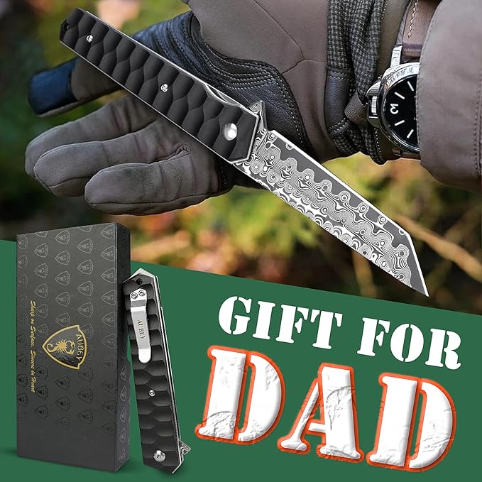 AUBEY Damascus Pocket Knife with Clip, Tanto Blade Damascus Steel Folding Knives for Men Tactical, Aluminum Handle with Glass Breaker for EDC Camping Gift