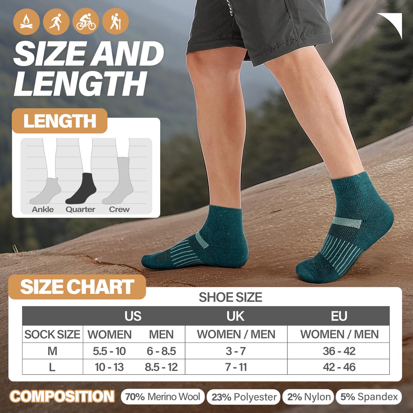 Anlisim Merino Wool Quarter Ankle Running Hiking Socks for Women and Men