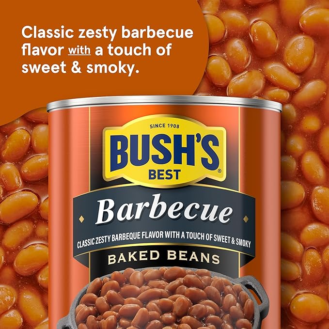 BUSH'S BEST 16 oz Canned Barbecue Baked Beans, Source of Plant Based Protein and Fiber, Low Fat, Gluten Free, (Pack of 12)