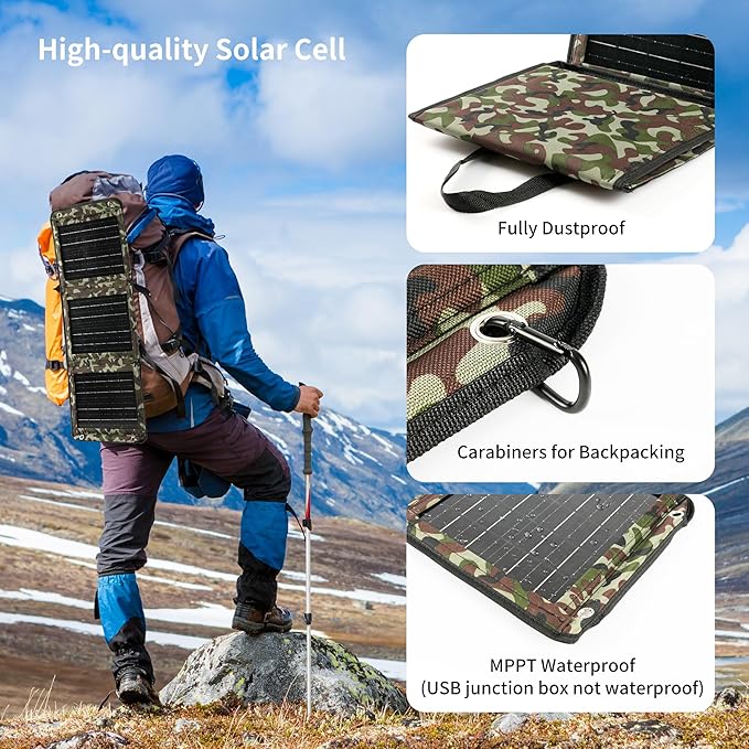 Upgraded Portable Solar Charger Foldable Solar Panels USB Ports 30W Solar Charger(5V/3A Max) Waterproof for Camping Backpacking Compatible with Cell Phone,iPhone,iPad,Samsung Galaxy, LG