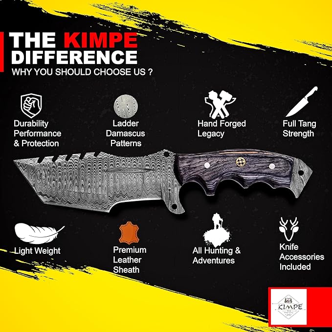 KIMPE 10.5?™â€?Damascus Hunting Knife with Leather Sheath-Fixed Blade EDC Knife-Bushcraft Knives-Wood Handle-Best Camping & Survival Knives-Knives for Men. (Pakka-Grey)