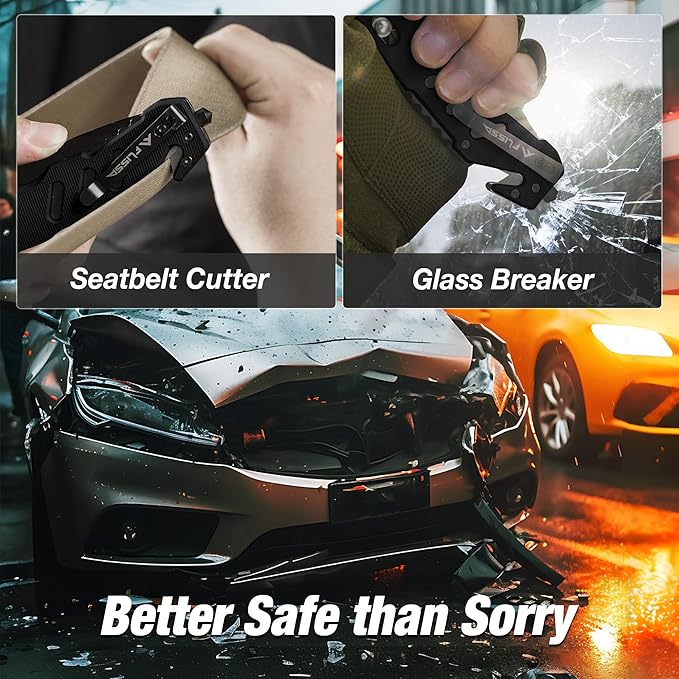 FLISSA Folding Pocket Knife with Clip, Glass Breaker and Seatbelt Cutter, Survival Knife for Emergency Rescue Situations, EDC Knife for Tactical, Hunting, Camping, Outdoor, Unique Gifts for Dad, Father-Black