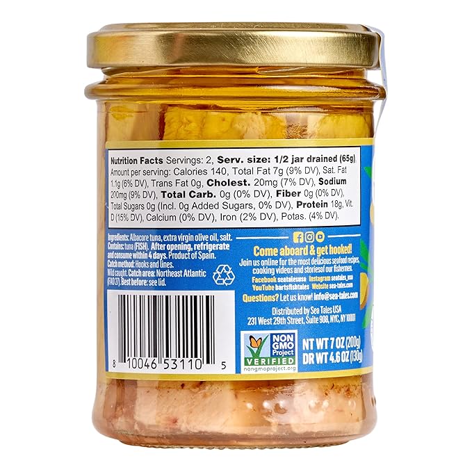 Sea Tales Albacore Fillets in Extra Virgin Olive Oil in Jar - 100% Pole & Line Wild Sustainably Caught - High Protein Food - Keto Friendly - 7 oz. Jars (Pack of 6)