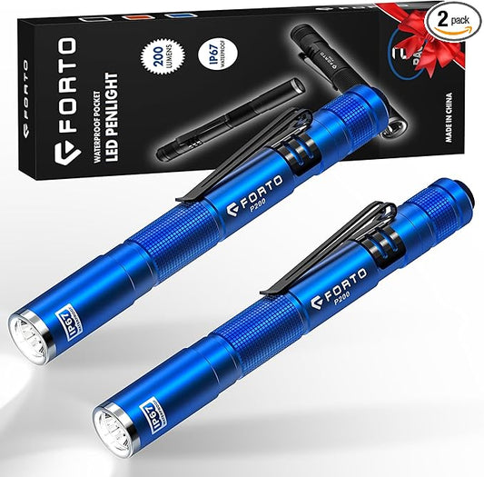 FORTO LED Pen Light, 200 Lumens Pocket Flashlight, IP67 Waterproof, 2 Modes, 2 Pack with AAA Batteries, Lightweight & Durable for Inspection, Medical Use, Emergency(Blue)