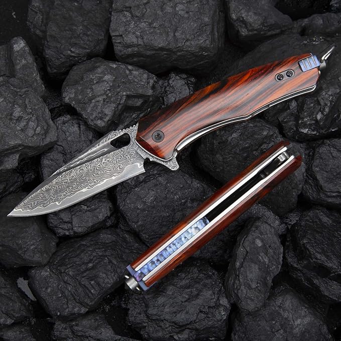 Damascus steel multifunctional EDC folding knife with self assembling pocket clip, lining lock, leather sheath, one piece disassembly pocket knife