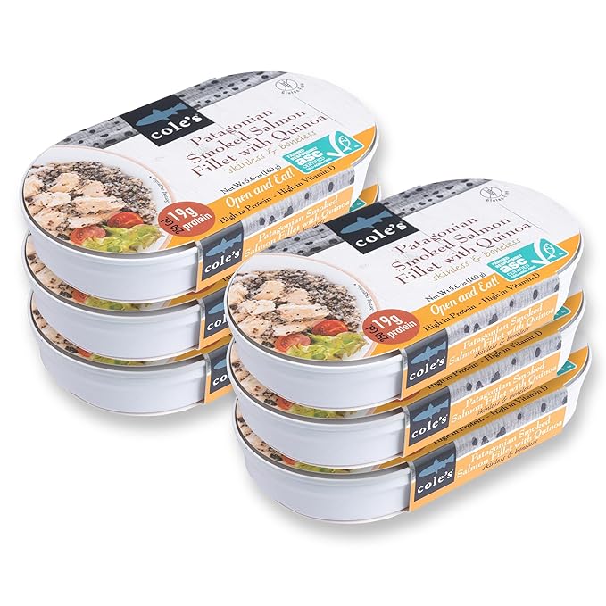 COLE’S - Patagonian Smoked Salmon Fillet with Quinoa| Ready to Eat Meal | 5.6 oz Hand-Packed Canned Fish | 19g Protein | High in Vitamin D | 6 pack