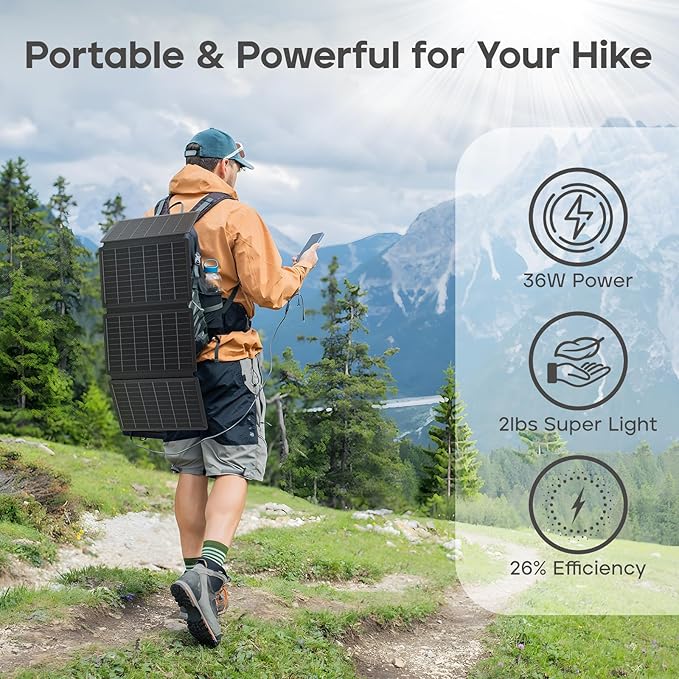 E-LiPower Portable Solar Panel 36W | 26% High-Efficiency Foldable Solar Panels with USB QC and PD Quick Charge for Camping, Hiking, Outdoor Trip, Compatible with Phones, Ipad & Tablets