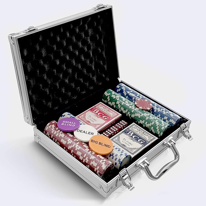 SereneLife Poker Chip Set for Texas Holdem, Blackjack Gambling- 11.5 Gram Casino Chips Set W/Aluminum Case, Playing Cards, Button, Dice- 200 PCS