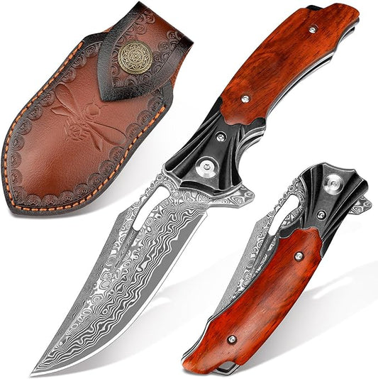 Damascus Pocket Knife for Men Women, Wood Handle Folding Knife with Sheath, 3.15" Damascus Steel Blade Pocket Knives for Outdoor