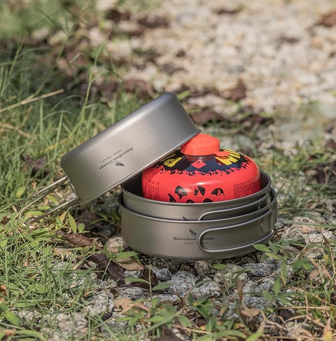 Boundless Voyage Titanium Pots Pans Set Camping Cookware 500ml 600ml 700ml Bowls Outdoor Portable Lightweight Stackable Cooking Kit with Folding Handle 3 Pieces Set Tableware for 1-3 Person Ti2032C